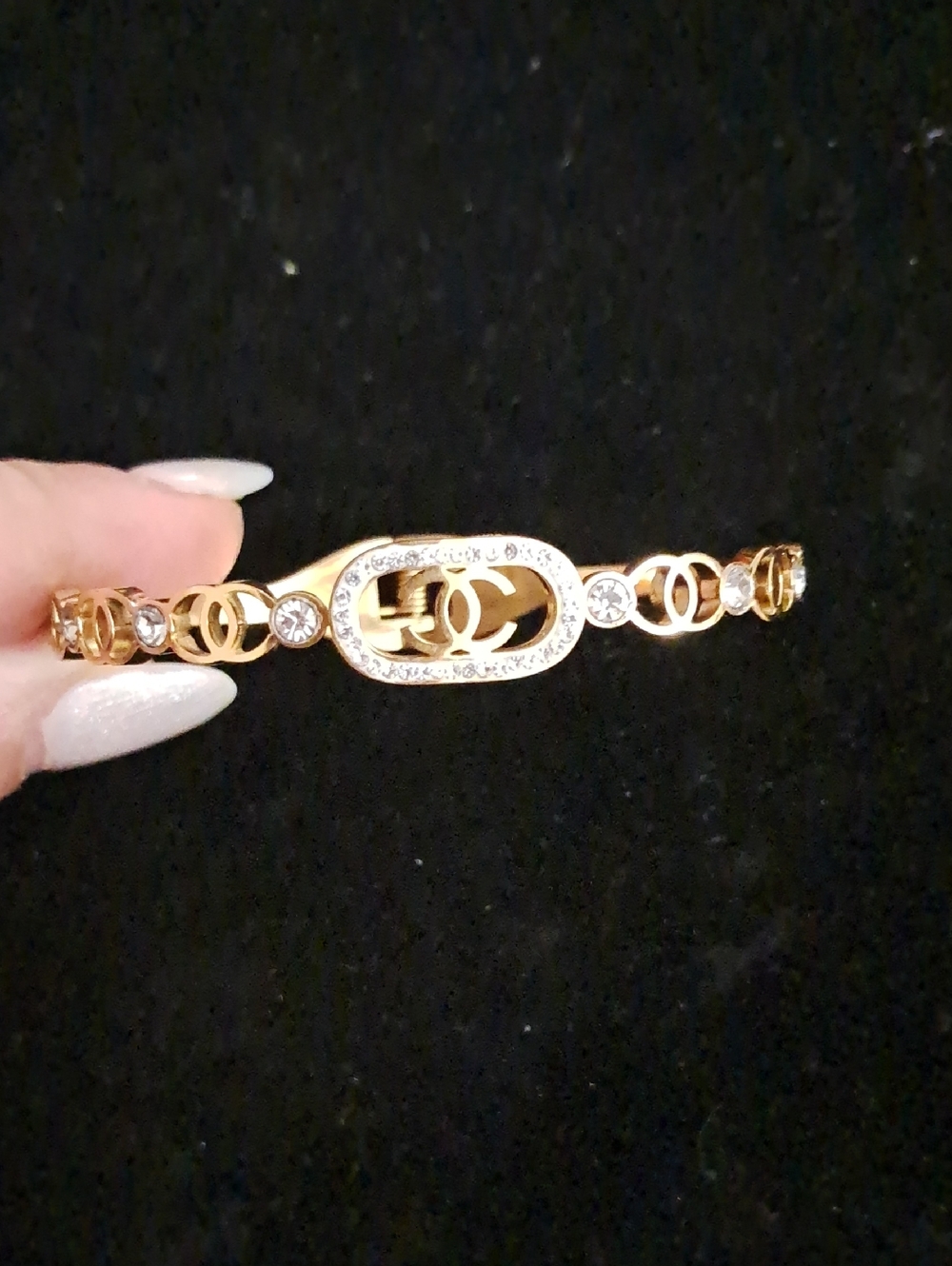 Gold-Tone Interlocking Logo Bracelet with Crystal Accents - Picture 2 of 2